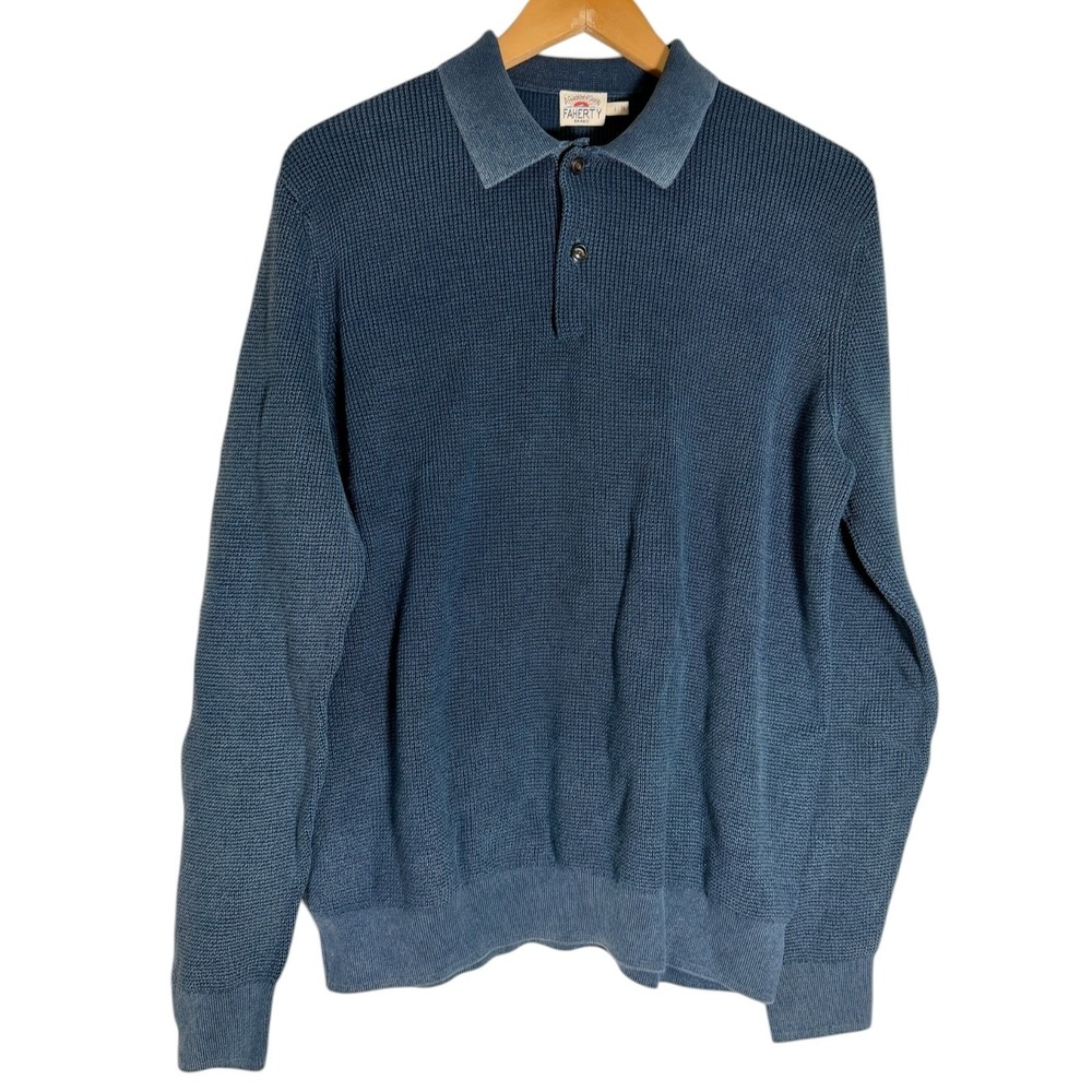 Faherty Men's Long Sleeve Sunwashed Sweater Polo Shirt Blue Nights Large